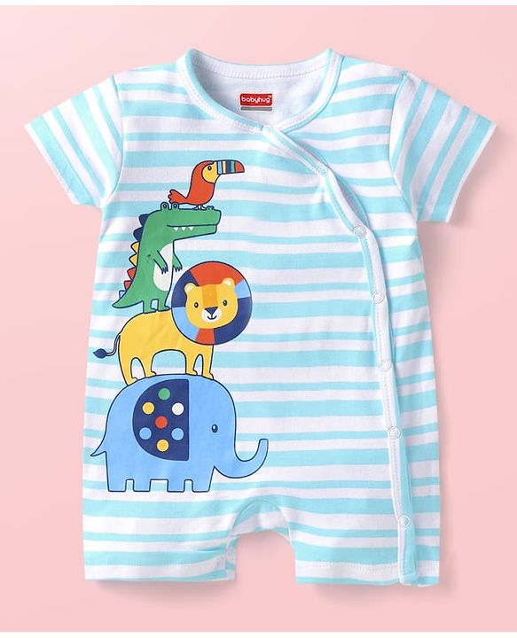 Babyhug Interlock Knit Half Sleeves Romper with Stripes & Animal Print - Light Blue