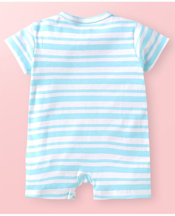 Babyhug Interlock Knit Half Sleeves Romper with Stripes & Animal Print - Light Blue