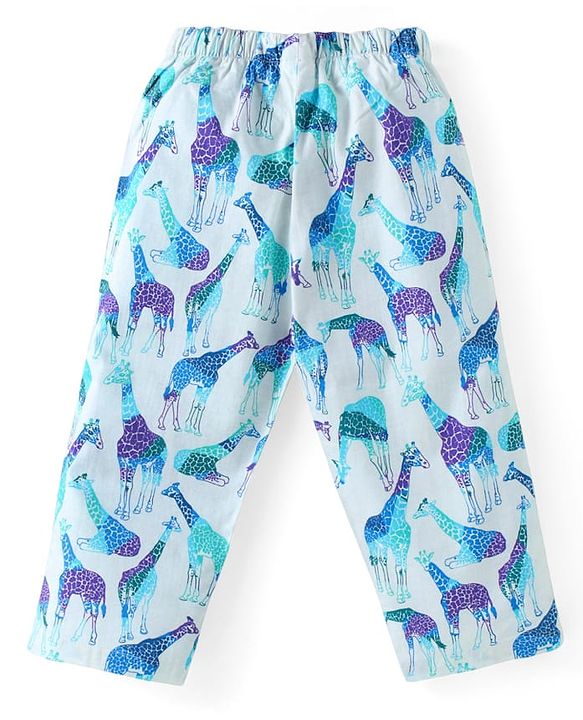 Babyhug Cotton Woven Full Sleeves Night Suit With Giraffe Print - Light Blue