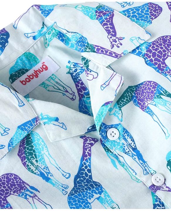 Babyhug Cotton Woven Full Sleeves Night Suit With Giraffe Print - Light Blue