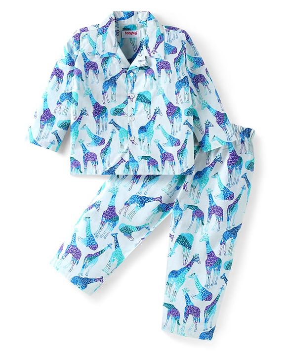 Babyhug Cotton Woven Full Sleeves Night Suit With Giraffe Print - Light Blue