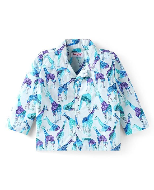 Babyhug Cotton Woven Full Sleeves Night Suit With Giraffe Print - Light Blue