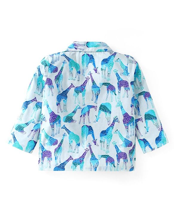 Babyhug Cotton Woven Full Sleeves Night Suit With Giraffe Print - Light Blue