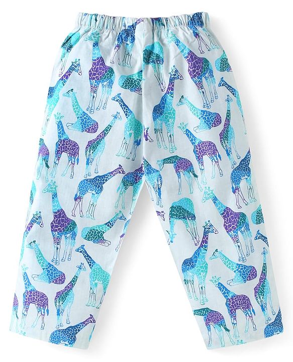 Babyhug Cotton Woven Full Sleeves Night Suit With Giraffe Print - Light Blue