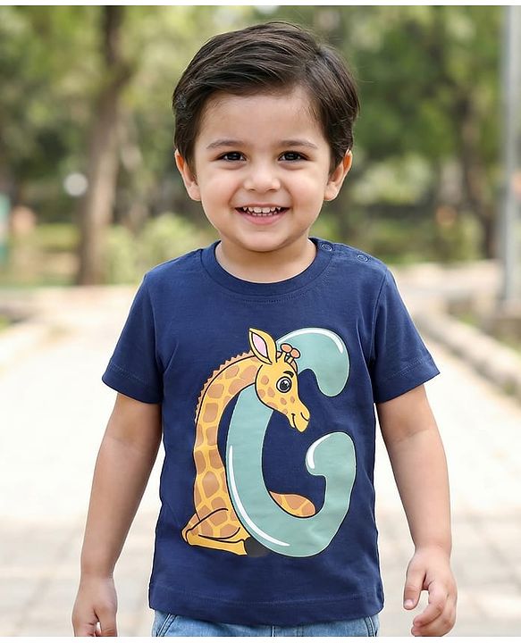 Babyhug Cotton Knit Half Sleeves T-Shirt with Giraffe Print - Navy Blue