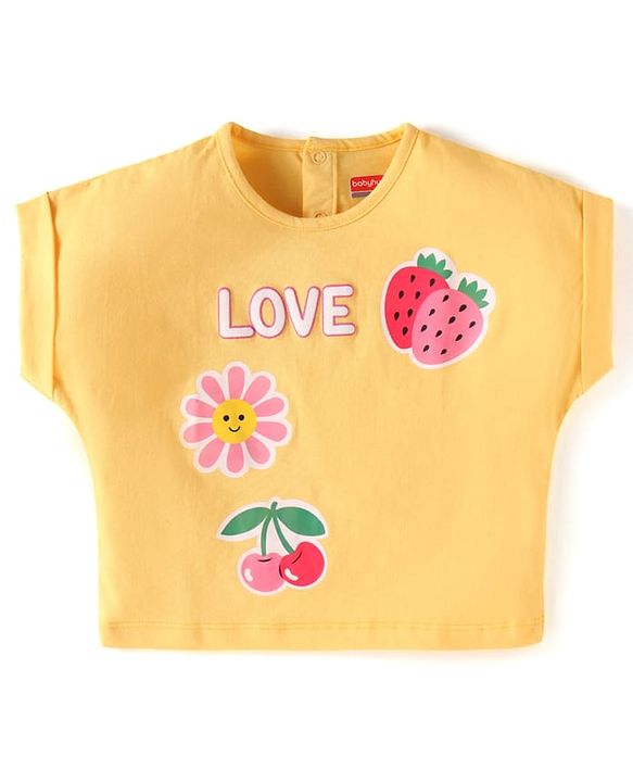 Babyhug Single Jersey Knit Half Sleeves Fruit Printed Top & Solid Denim Shorts Set - Orange & Blue