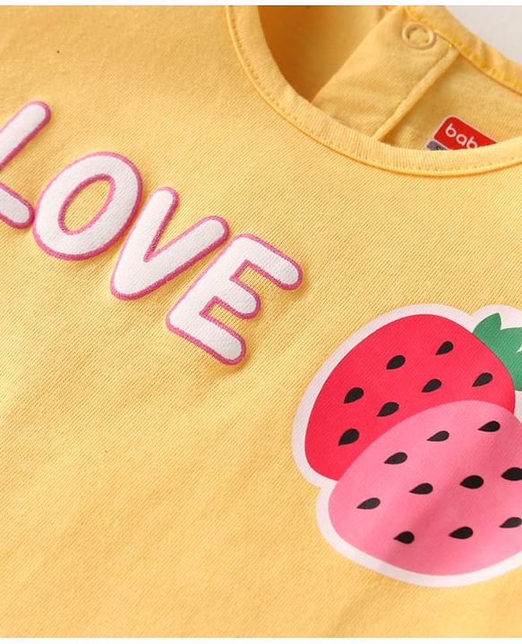 Babyhug Single Jersey Knit Half Sleeves Fruit Printed Top & Solid Denim Shorts Set - Orange & Blue