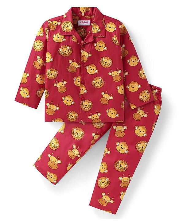 Babyhug Cotton Woven Full Sleeves Night Suit With Bear Print - Rust Orange