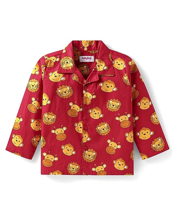Babyhug Cotton Woven Full Sleeves Night Suit With Bear Print - Rust Orange