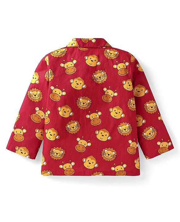 Babyhug Cotton Woven Full Sleeves Night Suit With Bear Print - Rust Orange