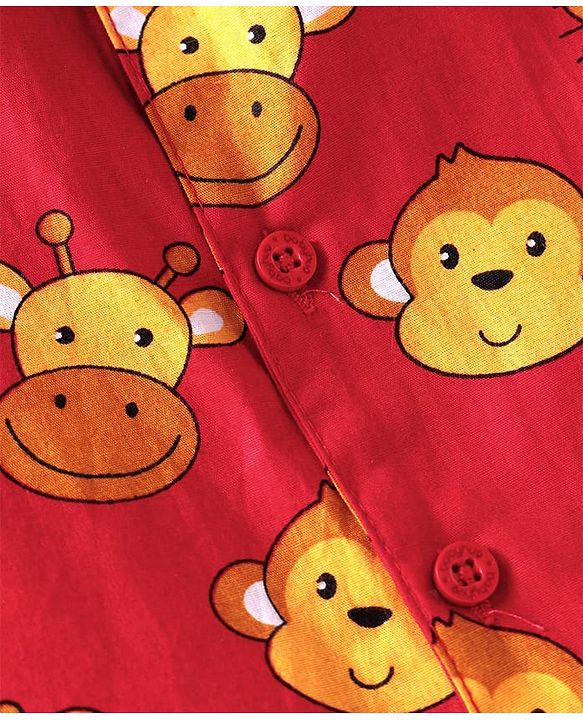 Babyhug Cotton Woven Full Sleeves Night Suit With Bear Print - Rust Orange