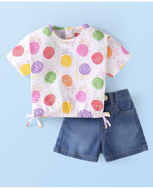 Babyhug Single Jersey Knit Half Sleeves Pineapple Printed Top & Solid Denim Shorts Set - White & Blue