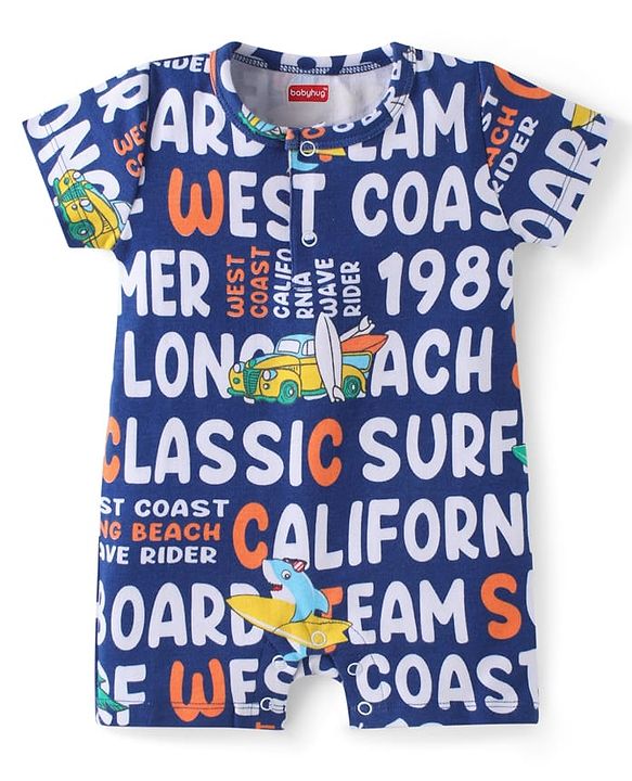 Babyhug Interlock Knit Half Sleeves Romper With Text Print - Navy Blue