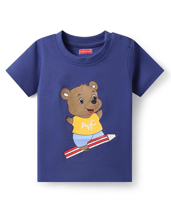 Babyhug Cotton Knit Half Sleeves T-Shirt With Teddy Bear Print - Navy Blue