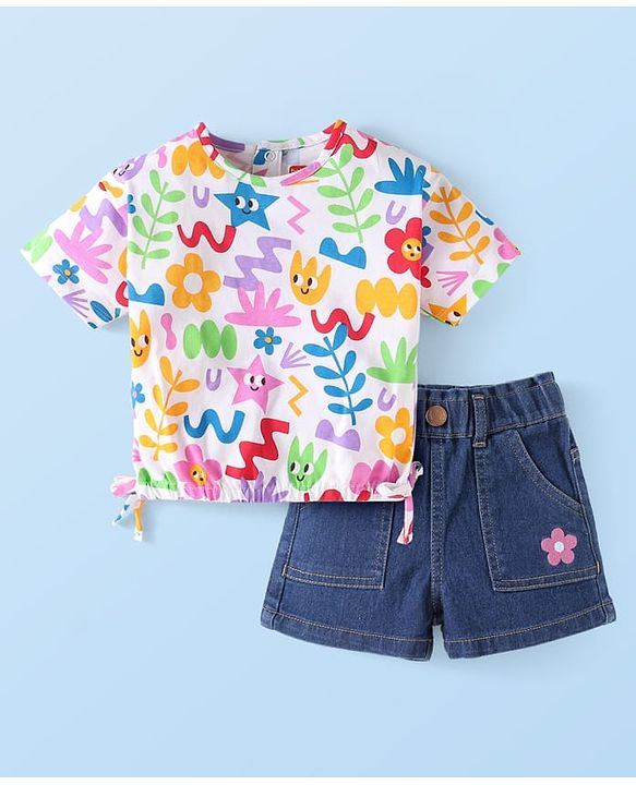 Babyhug Single Jersey Knit Half Sleeves Floral Printed Top & Solid Denim Shorts Set - White & Blue