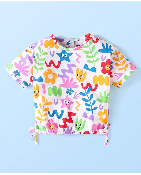 Babyhug Single Jersey Knit Half Sleeves Floral Printed Top & Solid Denim Shorts Set - White & Blue