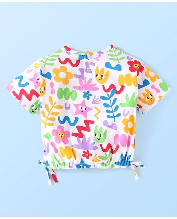 Babyhug Single Jersey Knit Half Sleeves Floral Printed Top & Solid Denim Shorts Set - White & Blue
