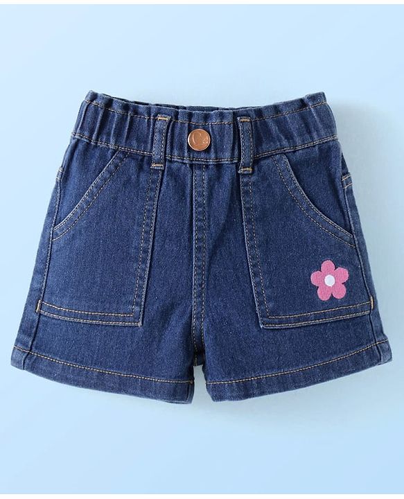 Babyhug Single Jersey Knit Half Sleeves Floral Printed Top & Solid Denim Shorts Set - White & Blue