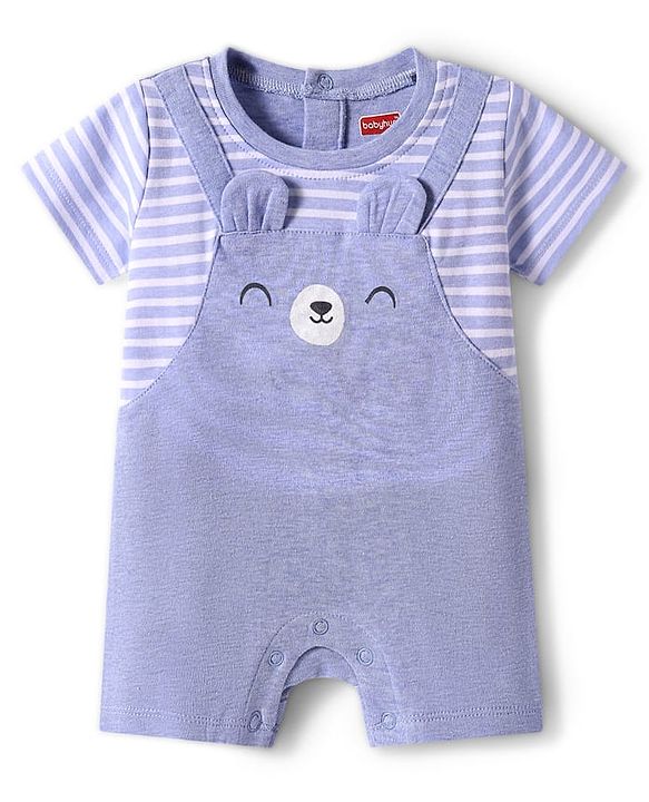 Babyhug Interlock Knit Half Sleeves Striped Romper with Bear Ear Applique - Light Blue