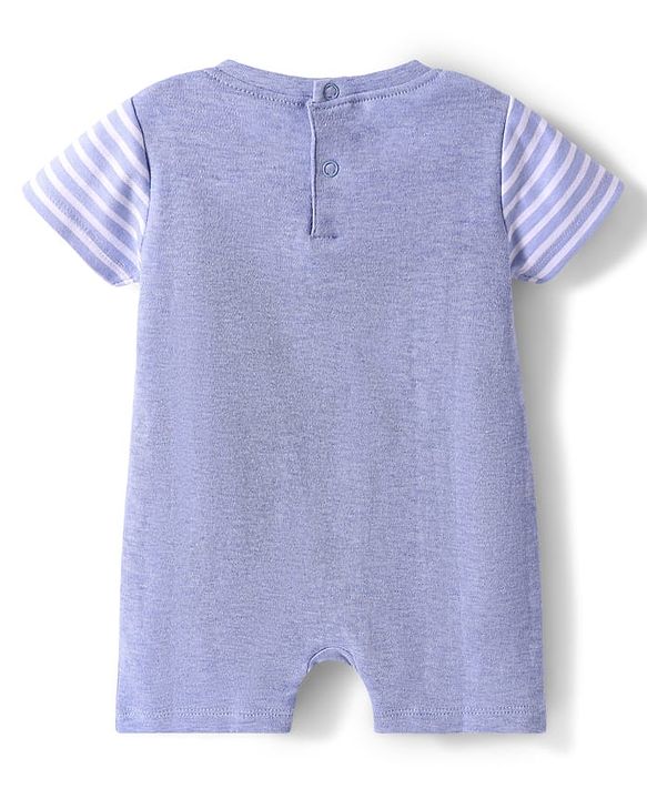 Babyhug Interlock Knit Half Sleeves Striped Romper with Bear Ear Applique - Light Blue