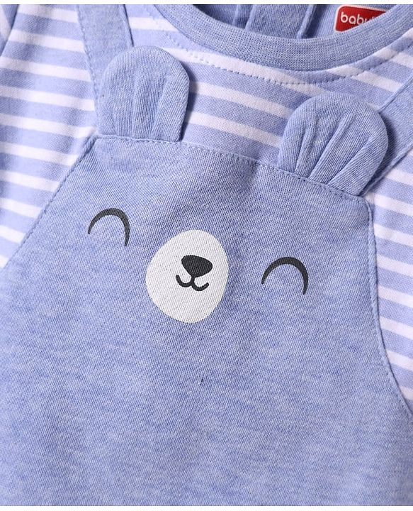 Babyhug Interlock Knit Half Sleeves Striped Romper with Bear Ear Applique - Light Blue