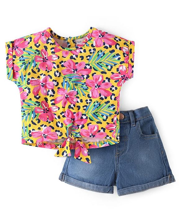 Babyhug Single Jersey Knit Half Sleeves Floral Printed Top & Solid Denim Shorts Set - Yellow & Blue