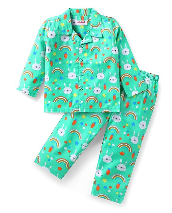 Babyhug Cotton Woven Full Sleeves Night Suit With Bunny Print - Light Green