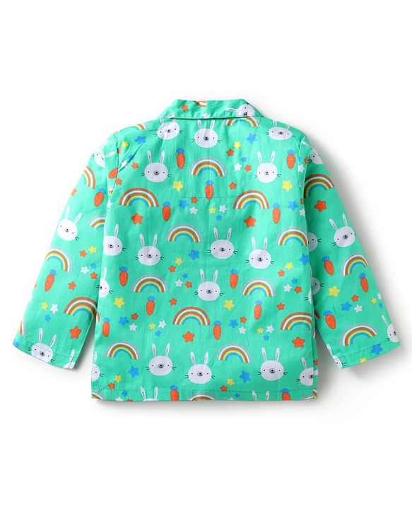 Babyhug Cotton Woven Full Sleeves Night Suit With Bunny Print - Light Green