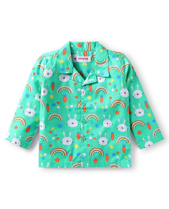 Babyhug Cotton Woven Full Sleeves Night Suit With Bunny Print - Light Green