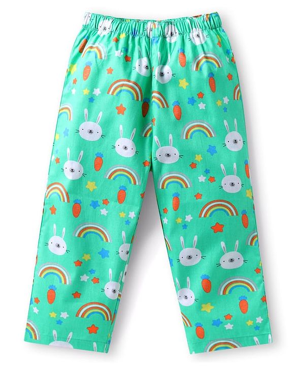 Babyhug Cotton Woven Full Sleeves Night Suit With Bunny Print - Light Green
