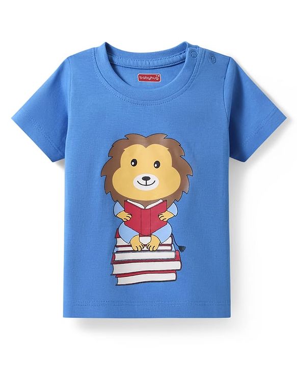 Babyhug Cotton Knit Half Sleeves T-Shirt With Lion Print - Blue