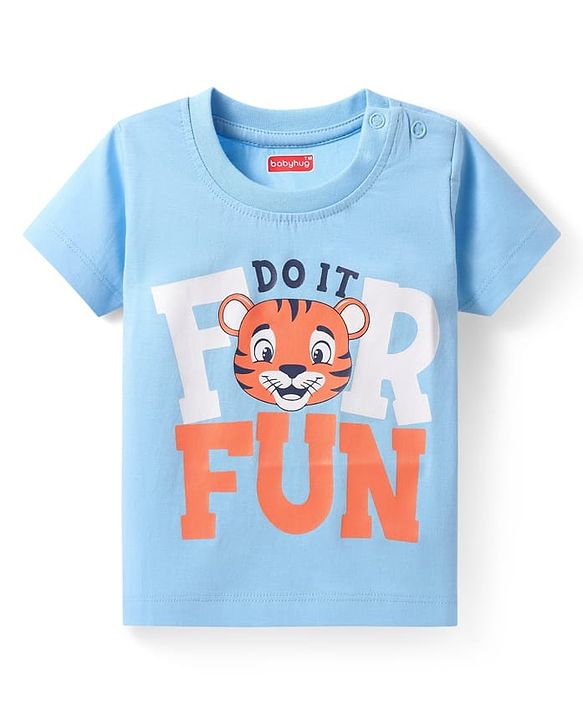 Babyhug Cotton Knit Half Sleeves T-Shirt With Tiger Print - Light Blue