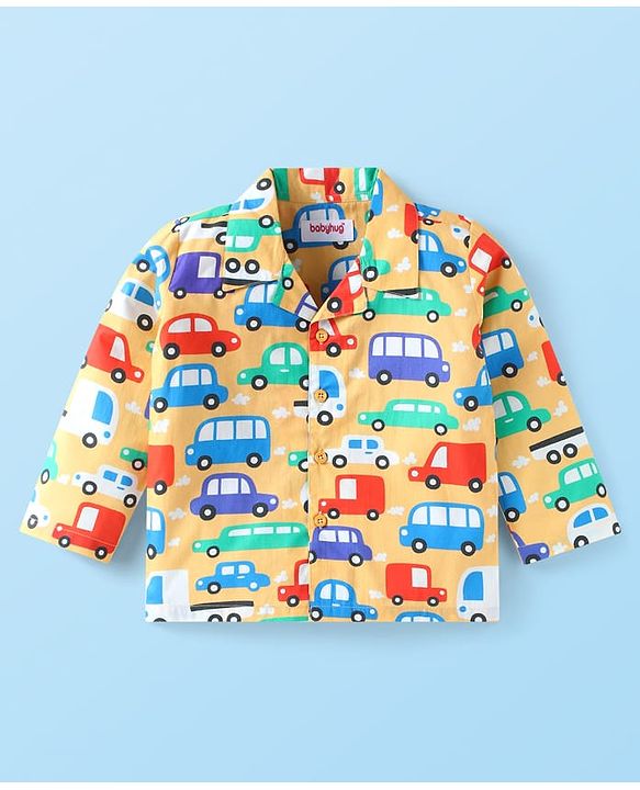 Babyhug Cotton Woven Full Sleeves Front Open Night Suit with Vehicle Print - Yellow