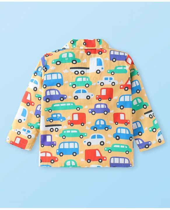 Babyhug Cotton Woven Full Sleeves Front Open Night Suit with Vehicle Print - Yellow