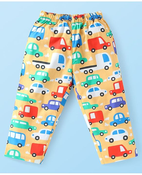 Babyhug Cotton Woven Full Sleeves Front Open Night Suit with Vehicle Print - Yellow
