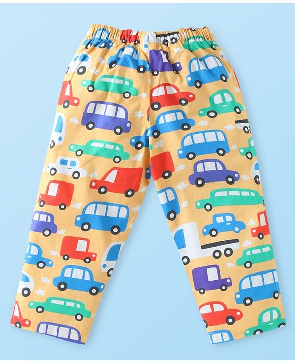 Babyhug Cotton Woven Full Sleeves Front Open Night Suit with Vehicle Print - Yellow