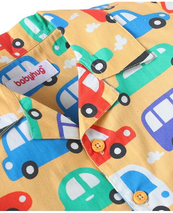 Babyhug Cotton Woven Full Sleeves Front Open Night Suit with Vehicle Print - Yellow