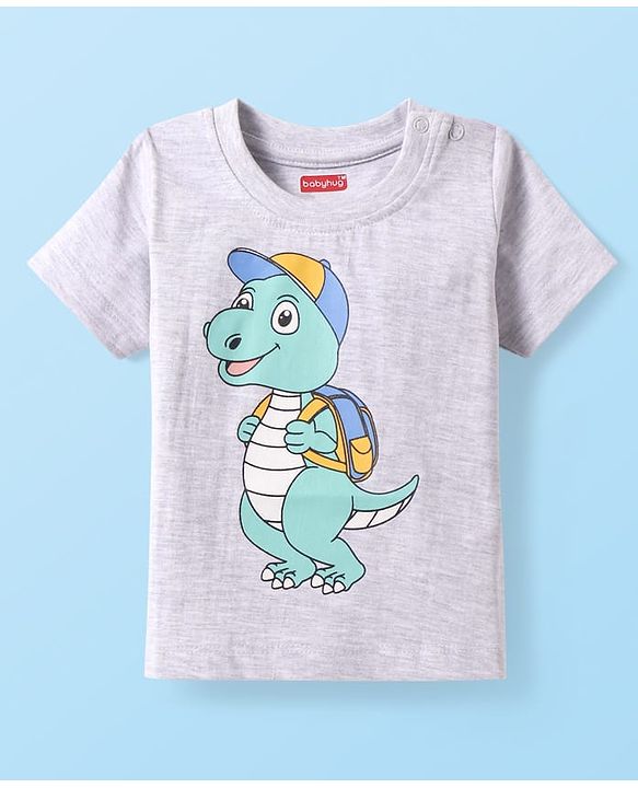 Babyhug Cotton Knit Half Sleeves T-Shirt With Dino Print - Light Grey