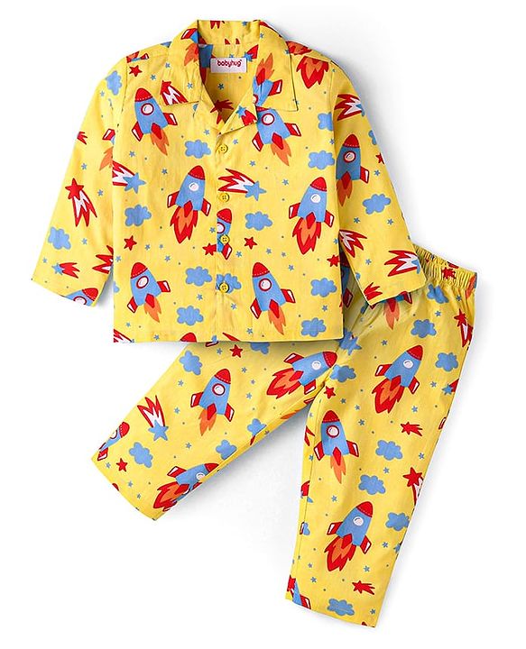 Babyhug Cotton Knit Full Sleeves Front Open Night Suit with Rocket Print - Yellow