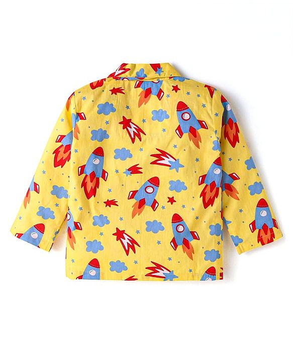 Babyhug Cotton Knit Full Sleeves Front Open Night Suit with Rocket Print - Yellow