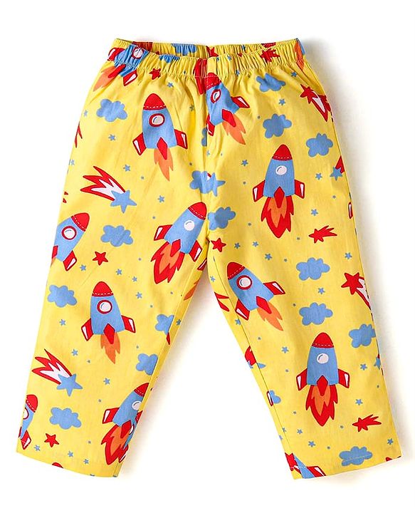 Babyhug Cotton Knit Full Sleeves Front Open Night Suit with Rocket Print - Yellow