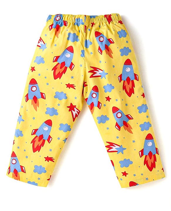 Babyhug Cotton Knit Full Sleeves Front Open Night Suit with Rocket Print - Yellow