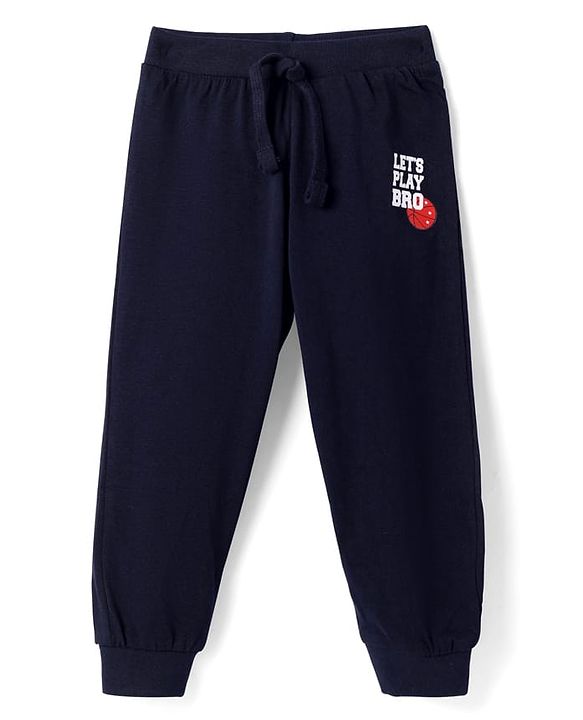 Babyhug Single Jersey Knit Full Length Lounge  Pants With Sport Text Print - Navy Blue