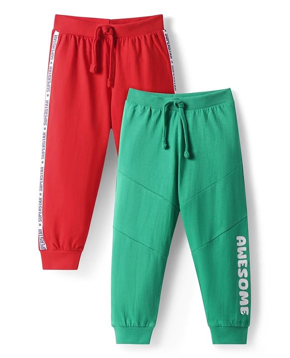 Babyhug Single Jersey Knit Cut & Sew Lounge Pants With Awesome & Superstar Text Print Pack Of 2 - Green & Red