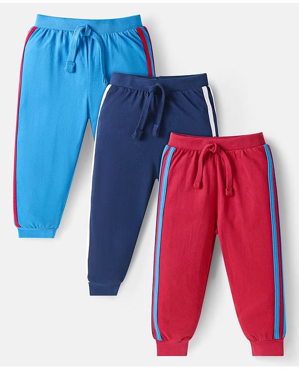 Babyhug Single Jersey Knit Full Length Solid Track Pants with Tape Detailing Pack of 3 - Light Blue Navy Blue & Red