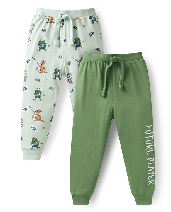 Babyhug Single Jersey Knit Full Length Lounge Pants with Animal & Text Print Pack of 2 - Green & Light Green