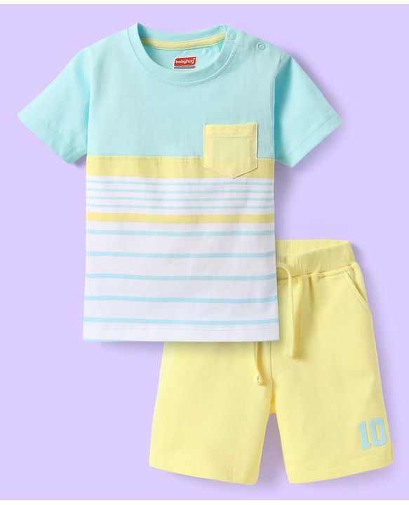Babyhug Single Jersey Knit Half Sleeves T-Shirt & Shorts Set With Color Block Design - Light Blue & Lemon Yellow