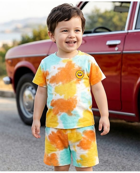 Babyhug Single Jersey Knit Half Sleeves T-Shirt & Shorts Set with Tie Dye &  Smiley Print - Yellow & Orange