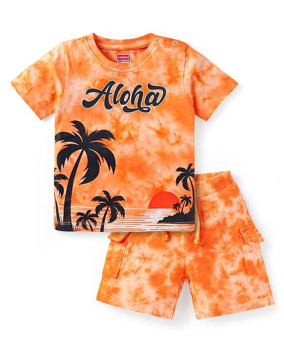 Babyhug Single Jersey Knit Half Sleeves T-Shirt & Shorts Set with Beach Theme Print - Orange