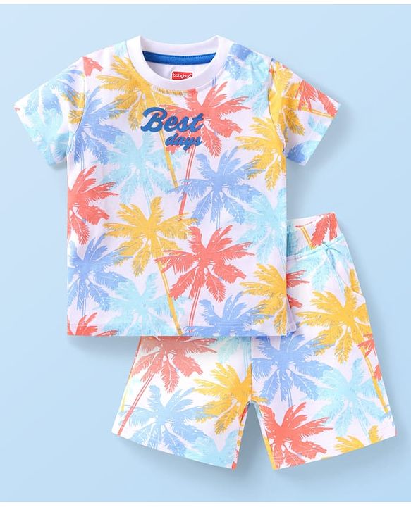 Babyhug Single Jersey Knit Half Sleeves T-Shirt & Shorts Set With Tree Print - White
